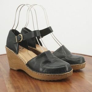 Born Womens Nellie Leather Wedge Sandals Black Ankle Strap Comfort Shoes 9M